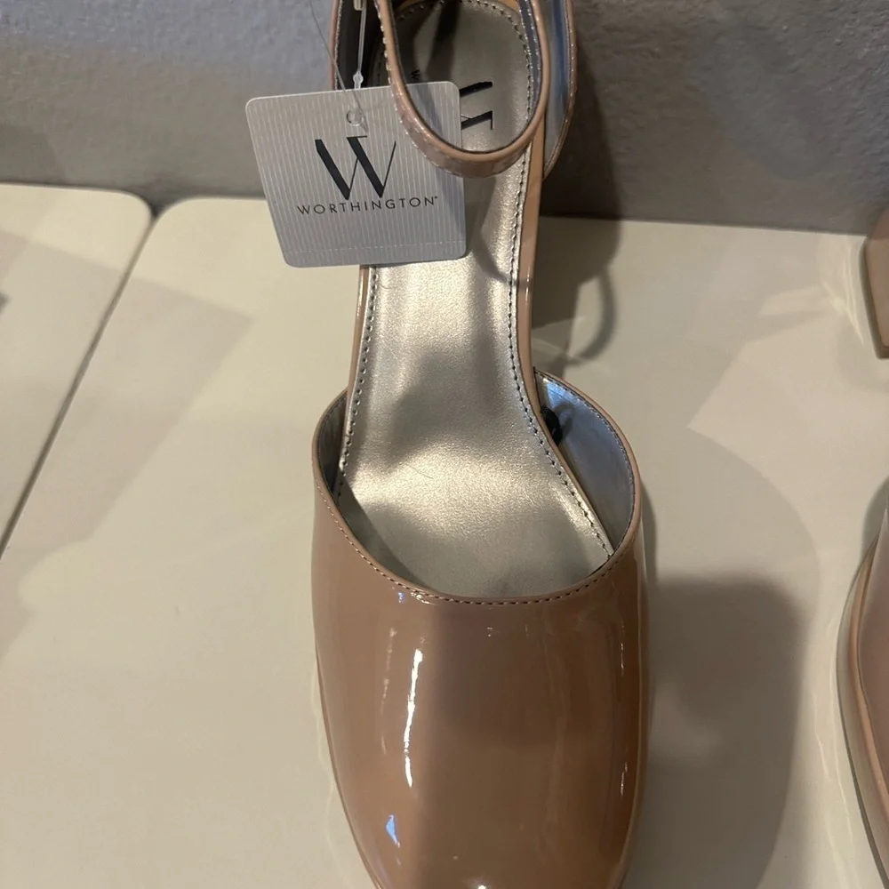 Worthington Nude Patent Platform Block Heel Pumps